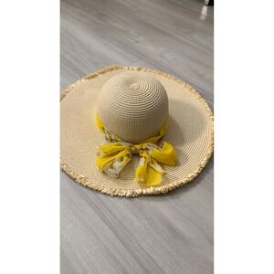 Marcus Adler Sun Hat New York Straw Yellow Floral Scarf Wide Brim Frayed Fringe